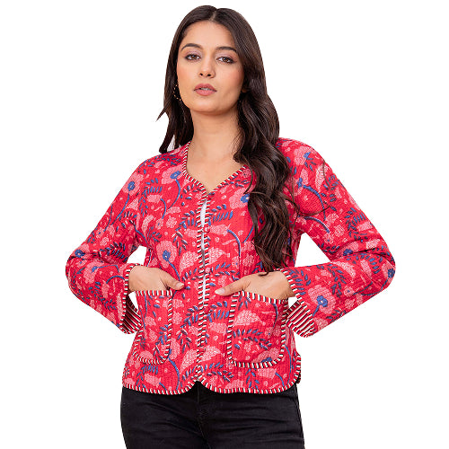 Handmade Red Cotton Quilted Floral Jacket Print Cotton